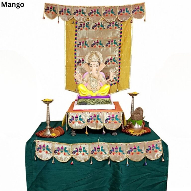 Paithani Parrot-Peacock Ganpati Decoration Combo Set for Ganesh Chaturthi (Mango Theme – 7 Items + Free Samai Asan)