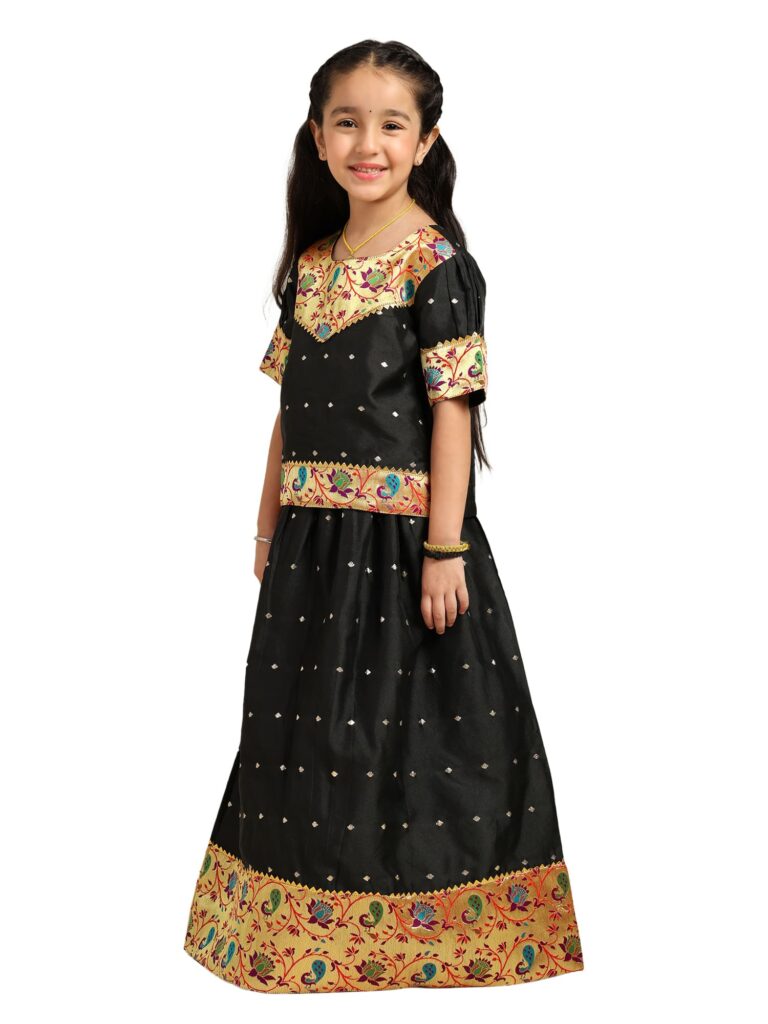 Paithani Baby Girl Lehenga Set – Black Silk with Peacock Embroidered Blouse & Zari Border Skirt – Hema Pattern