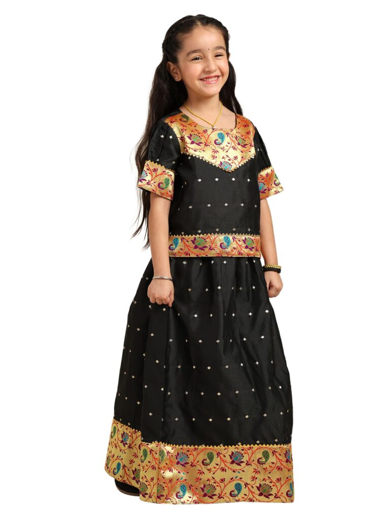 Paithani Baby Girl Lehenga Set – Black Silk with Peacock Embroidered Blouse & Zari Border Skirt – Hema Pattern