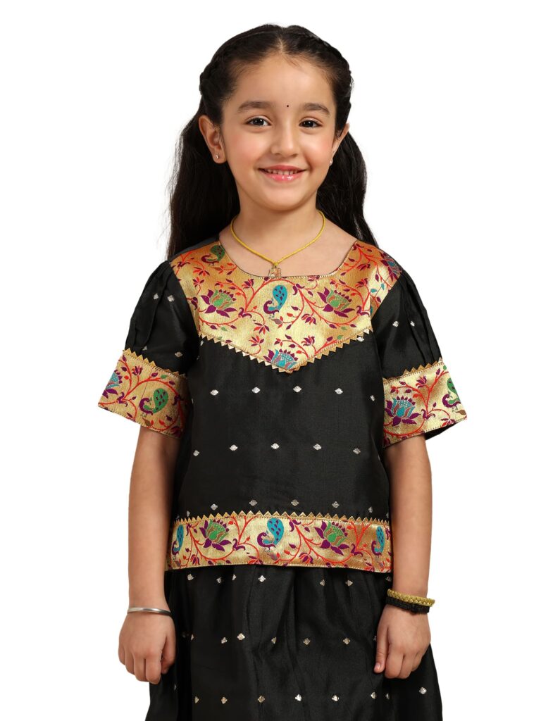 Paithani Baby Girl Lehenga Set – Black Silk with Peacock Embroidered Blouse & Zari Border Skirt – Hema Pattern