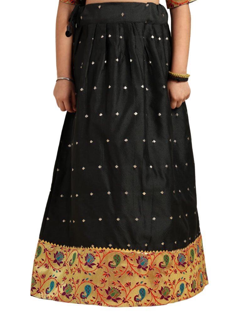 Paithani Baby Girl Lehenga Set – Black Silk with Peacock Embroidered Blouse & Zari Border Skirt – Hema Pattern