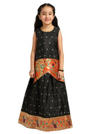 Paithani Baby Girl Lehenga Set – Black Silk with Brocade Peplum Top & Zari Peacock Border – Gita Pattern