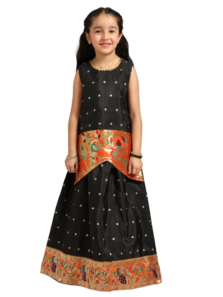 Paithani Baby Girl Lehenga Set – Black Silk with Brocade Peplum Top & Zari Peacock Border – Gita Pattern