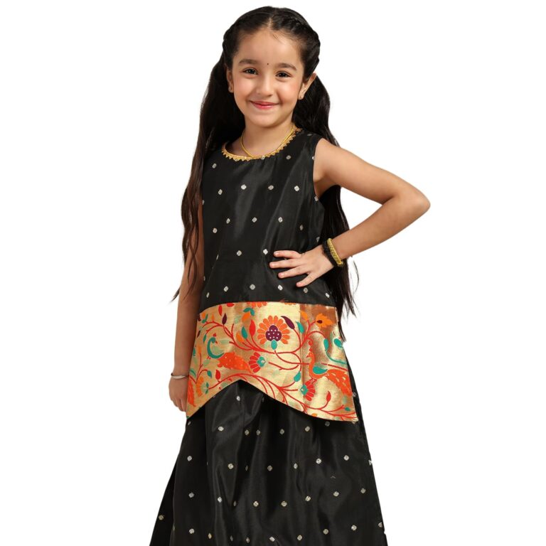 Paithani Baby Girl Lehenga Set – Black Silk with Brocade Peplum Top & Zari Peacock Border – Gita Pattern