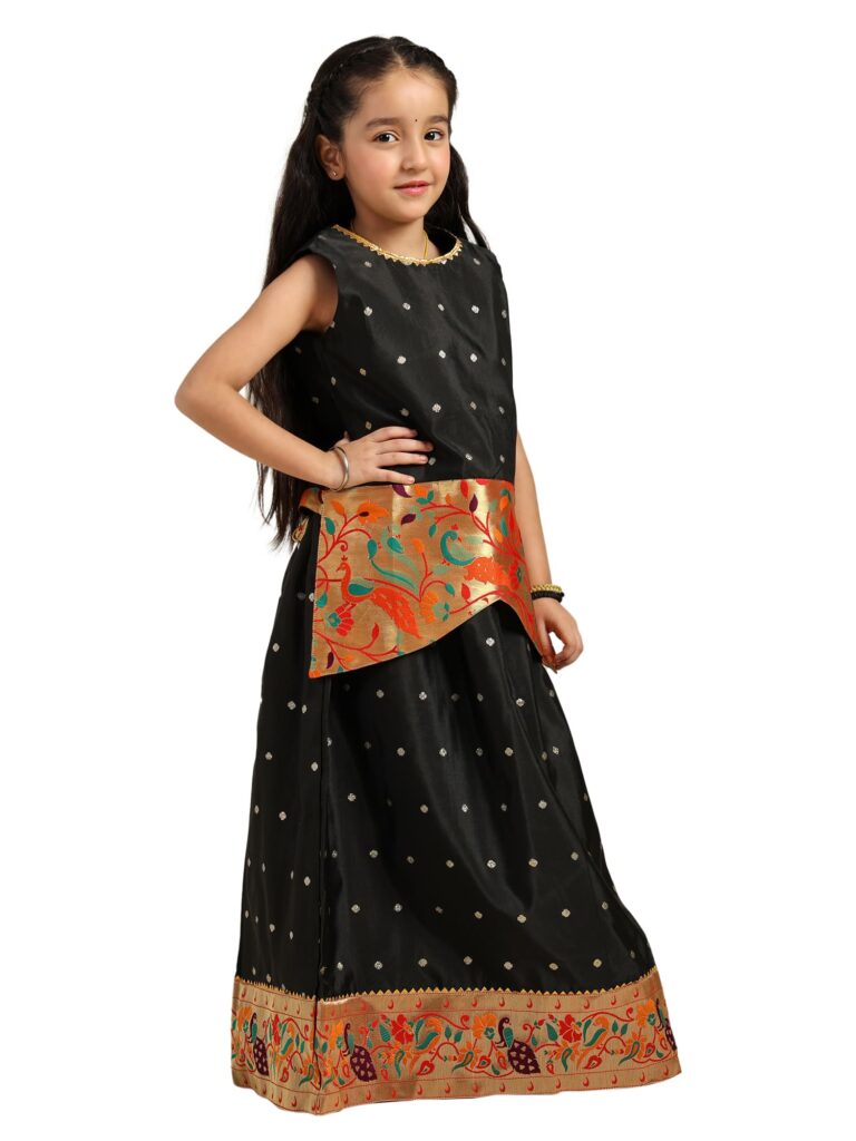 Paithani Baby Girl Lehenga Set – Black Silk with Brocade Peplum Top & Zari Peacock Border – Gita Pattern