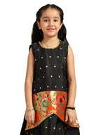 Paithani Baby Girl Lehenga Set – Black Silk with Brocade Peplum Top & Zari Peacock Border – Gita Pattern