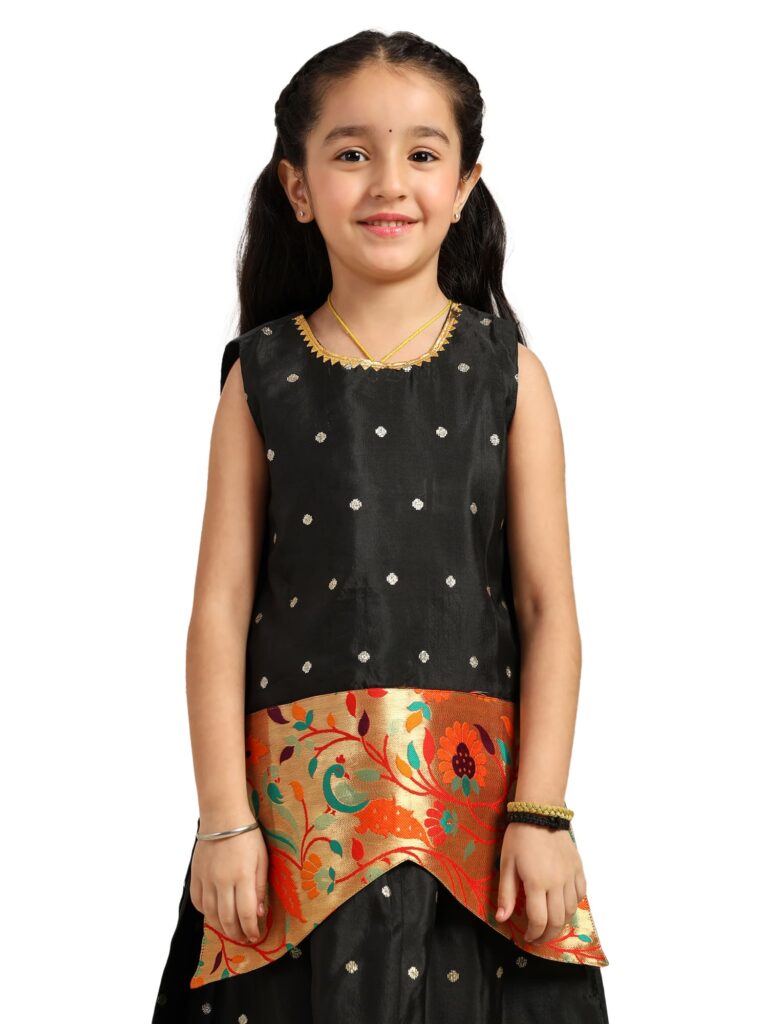 Paithani Baby Girl Lehenga Set – Black Silk with Brocade Peplum Top & Zari Peacock Border – Gita Pattern