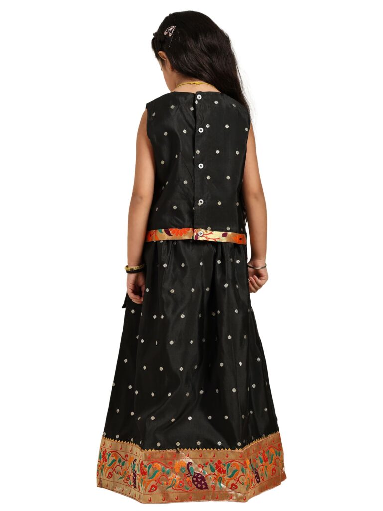 Paithani Baby Girl Lehenga Set – Black Silk with Brocade Peplum Top & Zari Peacock Border – Gita Pattern
