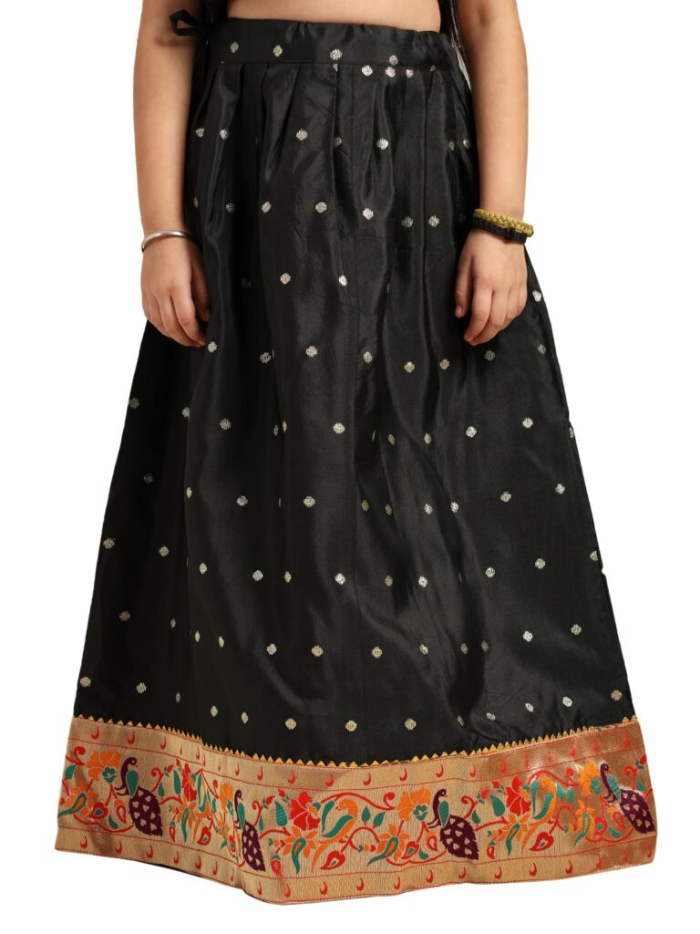 Paithani Baby Girl Lehenga Set – Black Silk with Brocade Peplum Top & Zari Peacock Border – Gita Pattern