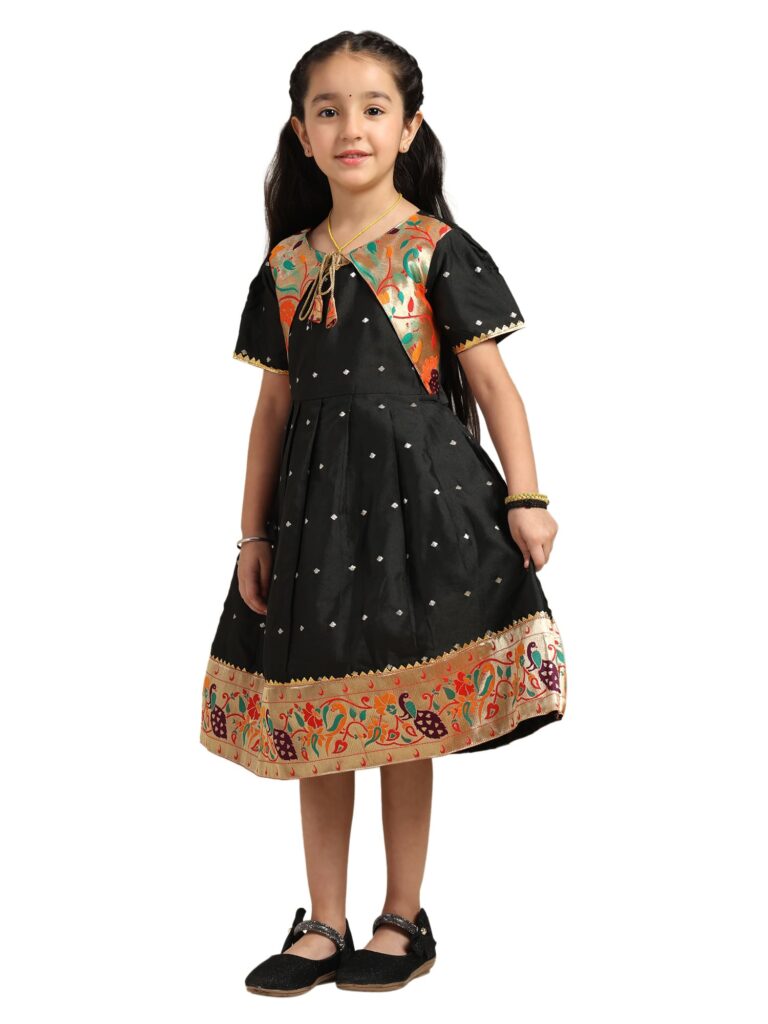 Paithani Baby Girl Frock – Black Silk with Multicolor Zari Border & Brocade Yoke – Indu Pattern