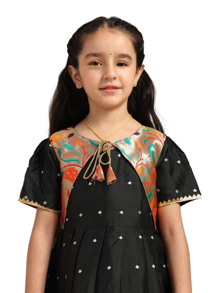 Paithani Baby Girl Frock – Black Silk with Multicolor Zari Border & Brocade Yoke – Indu Pattern