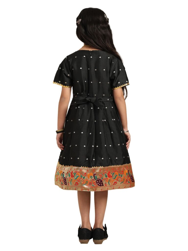 Paithani Baby Girl Frock – Black Silk with Multicolor Zari Border & Brocade Yoke – Indu Pattern