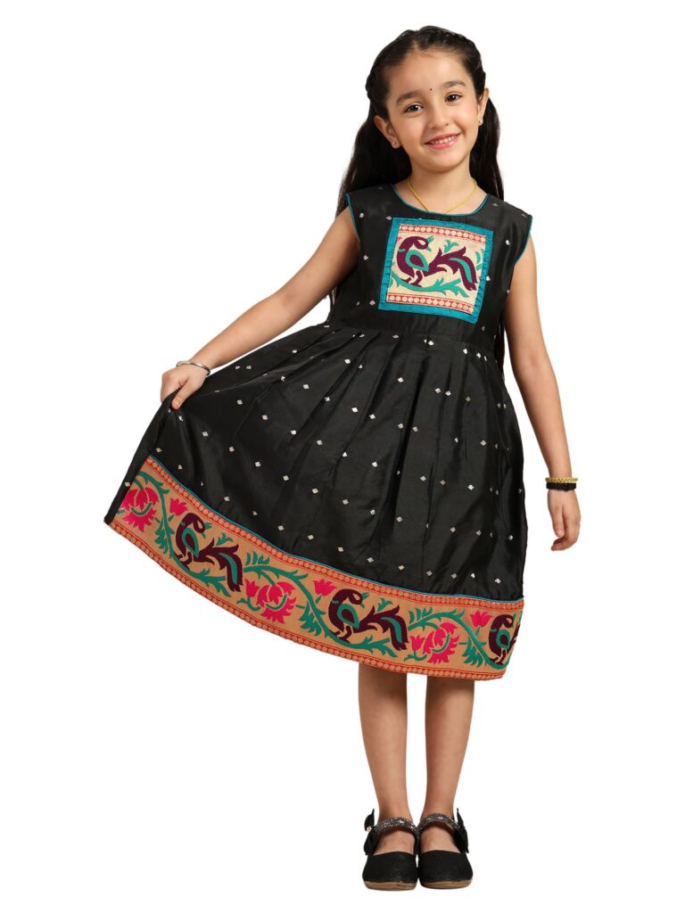 Paithani Baby Girl Frock – Black Silk with Temple Motif Design & Zari Border – Diamond Pattern