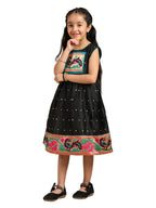 Paithani Baby Girl Frock – Black Silk with Temple Motif Design & Zari Border – Diamond Pattern