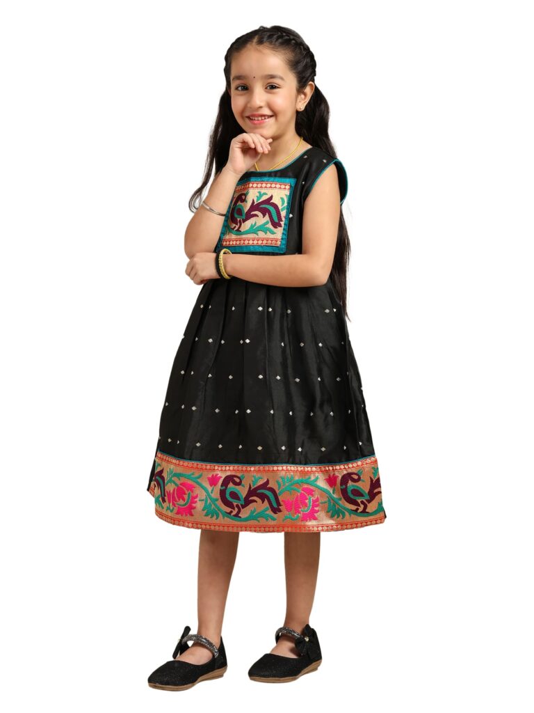 Paithani Baby Girl Frock – Black Silk with Temple Motif Design & Zari Border – Diamond Pattern