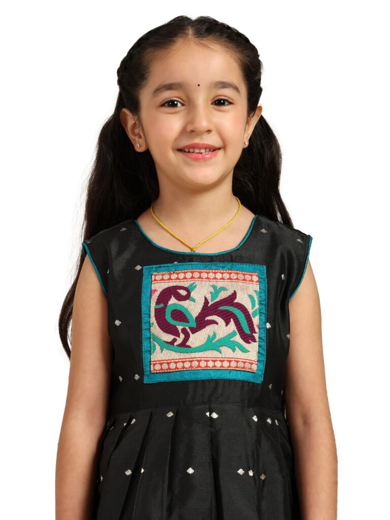 Paithani Baby Girl Frock – Black Silk with Temple Motif Design & Zari Border – Diamond Pattern