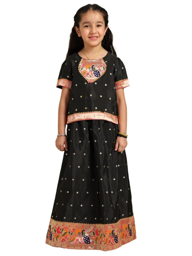 Paithani Baby Girl Lehenga Set – Black Silk with Peacock Embroidered Blouse & Zari Border Skirt – Chiu Pattern