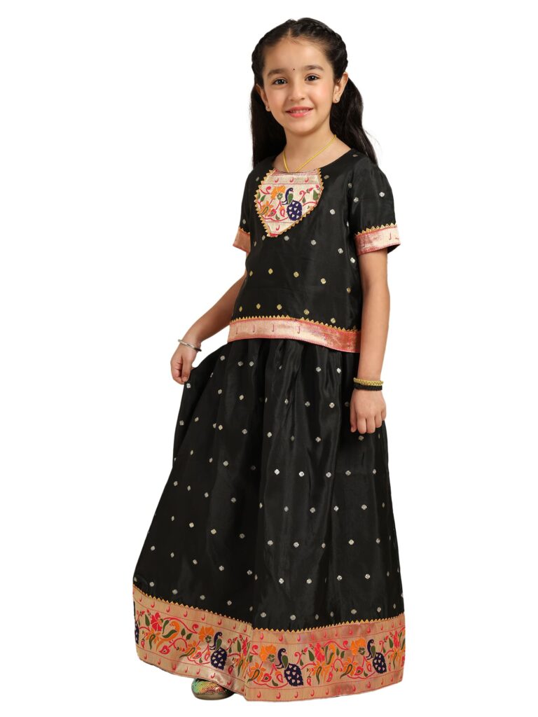 Paithani Baby Girl Lehenga Set – Black Silk with Peacock Embroidered Blouse & Zari Border Skirt – Chiu Pattern