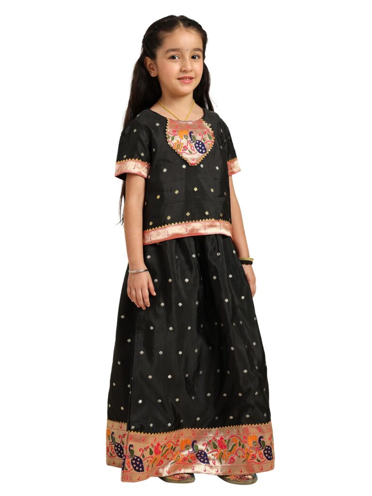 Paithani Baby Girl Lehenga Set – Black Silk with Peacock Embroidered Blouse & Zari Border Skirt – Chiu Pattern