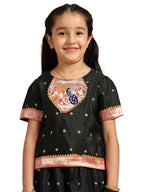 Paithani Baby Girl Lehenga Set – Black Silk with Peacock Embroidered Blouse & Zari Border Skirt – Chiu Pattern