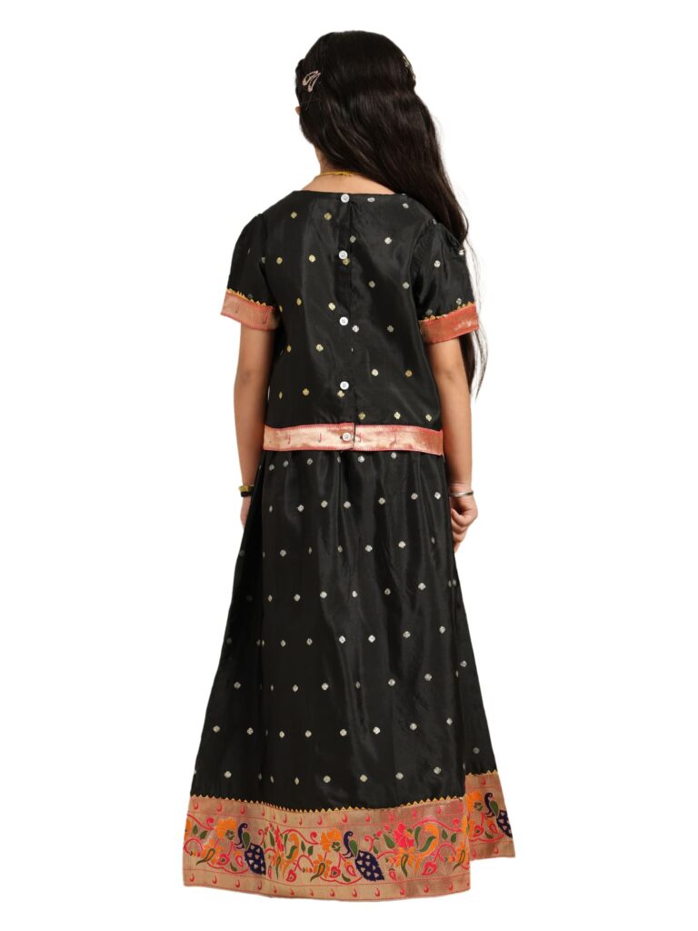 Paithani Baby Girl Lehenga Set – Black Silk with Peacock Embroidered Blouse & Zari Border Skirt – Chiu Pattern