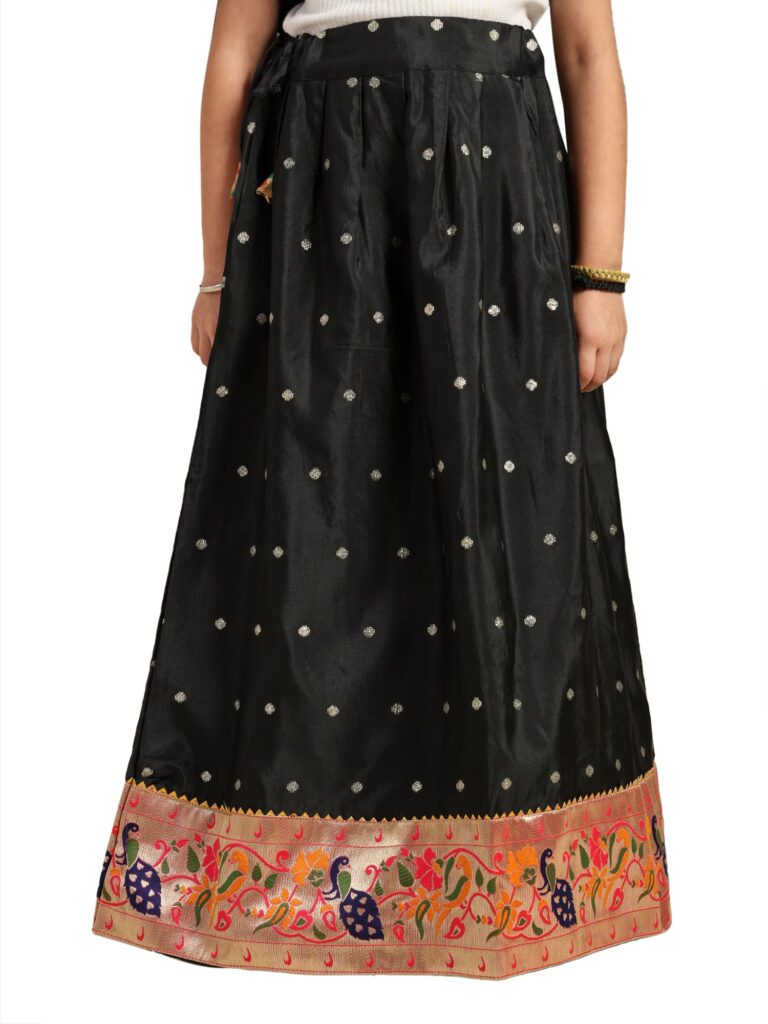 Paithani Baby Girl Lehenga Set – Black Silk with Peacock Embroidered Blouse & Zari Border Skirt – Chiu Pattern