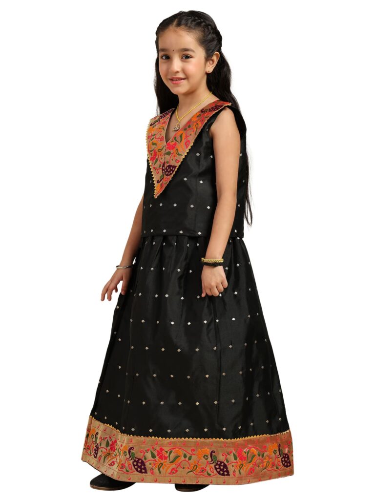 Paithani Baby Girl Lehenga Set – Black Silk with Brocade Peplum Top & Zari Peacock Border – V neck Pattern
