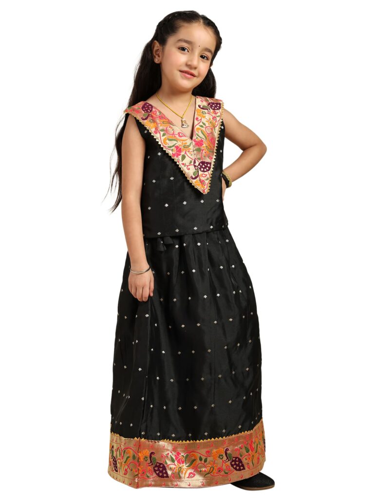 Paithani Baby Girl Lehenga Set – Black Silk with Brocade Peplum Top & Zari Peacock Border – V neck Pattern