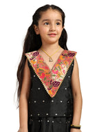 Paithani Baby Girl Lehenga Set – Black Silk with Brocade Peplum Top & Zari Peacock Border – V neck Pattern