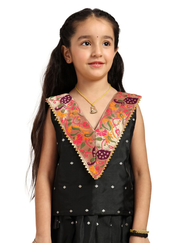 Paithani Baby Girl Lehenga Set – Black Silk with Brocade Peplum Top & Zari Peacock Border – V neck Pattern