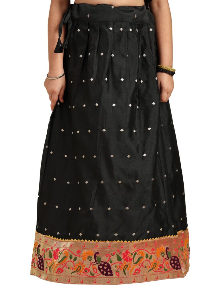 Paithani Baby Girl Lehenga Set – Black Silk with Brocade Peplum Top & Zari Peacock Border – V neck Pattern