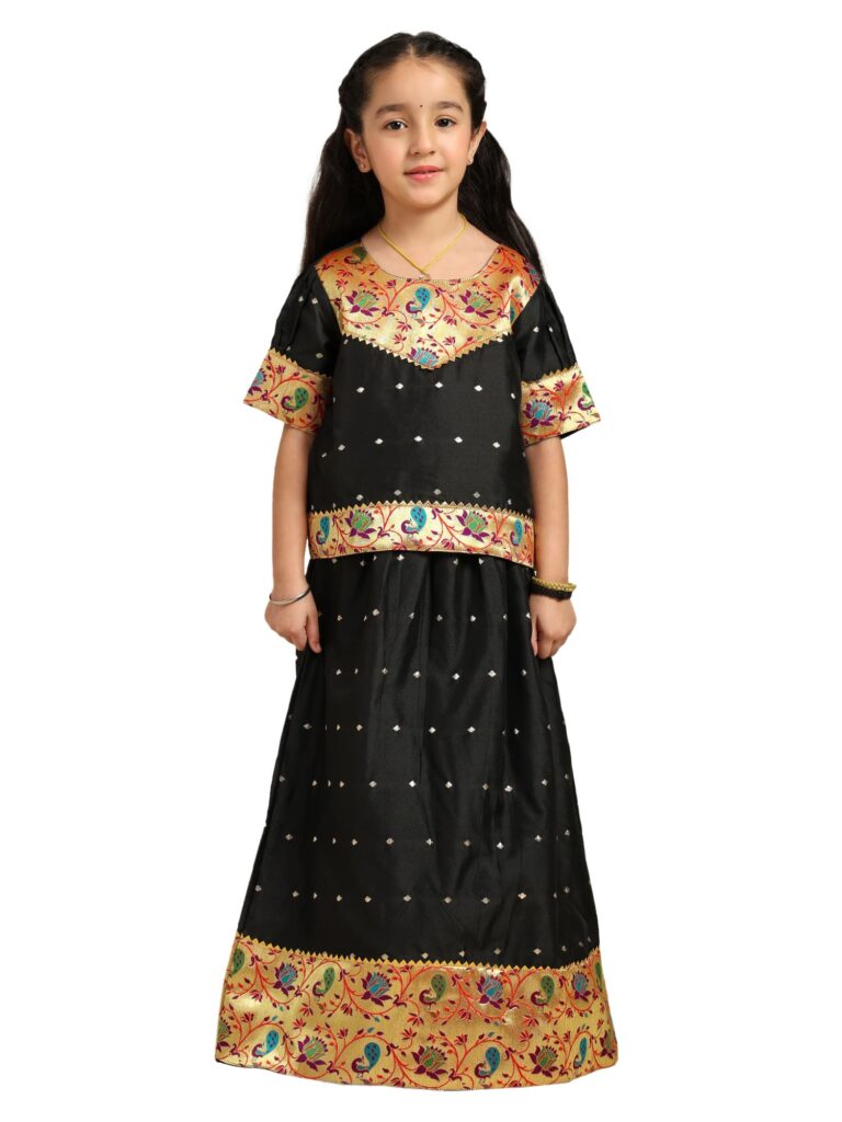 Paithani Baby Girl Lehenga Set – Black Silk with Peacock Embroidered Blouse & Zari Border Skirt – Hema Pattern