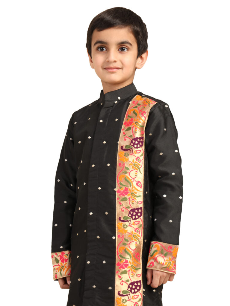 Kanira Jr Paithani dhoti kurta black butti for boys Evan pattern