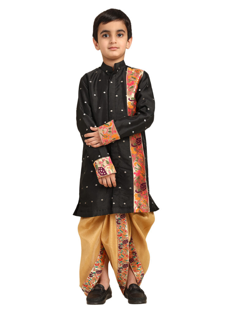 Kanira Jr Paithani dhoti kurta black butti for boys Evan pattern
