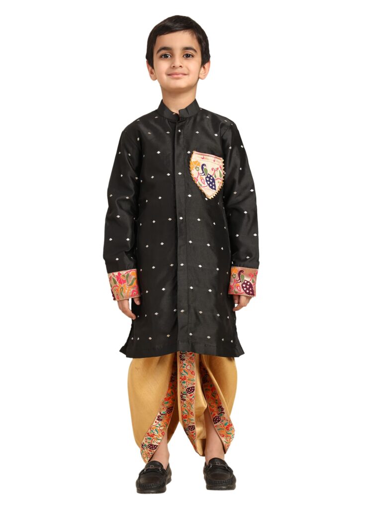 Kanira Jr Paithani dhoti kurta black butti for boys Golu pattern