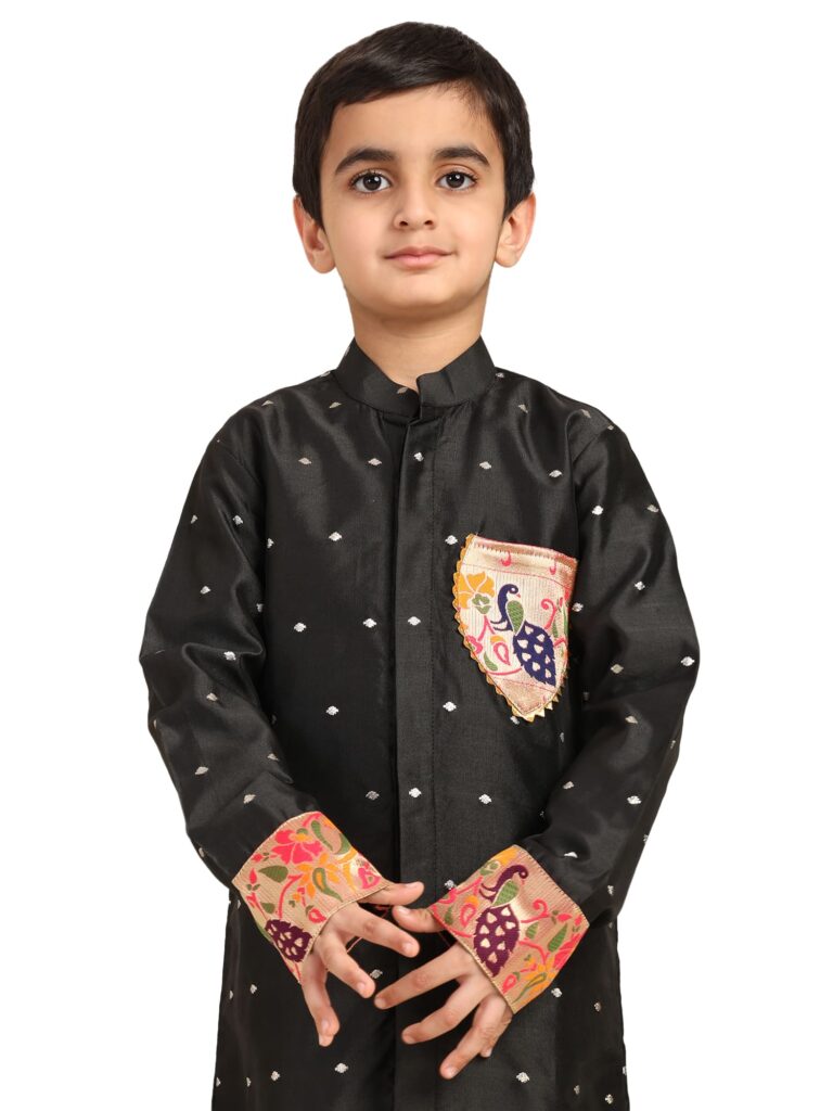 Kanira Jr Paithani dhoti kurta black butti for boys Golu pattern