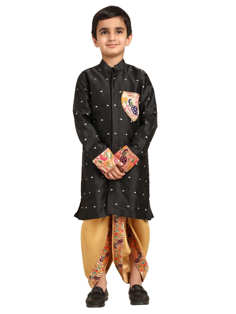 Kanira Jr Paithani dhoti kurta black butti for boys Golu pattern