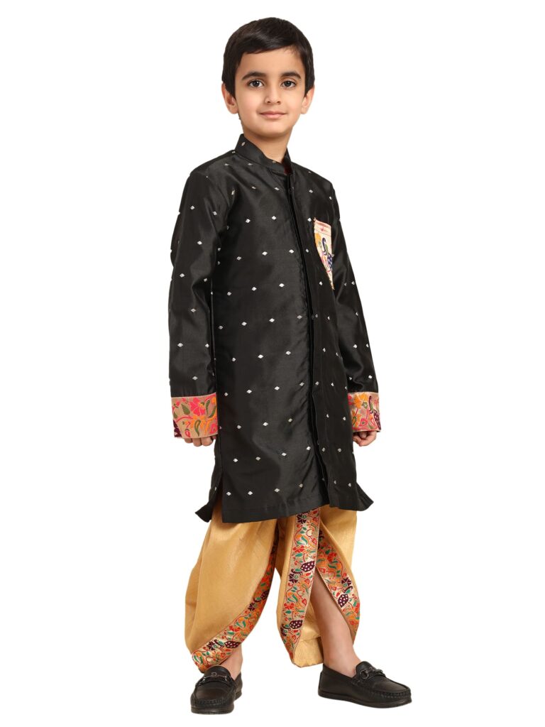Kanira Jr Paithani dhoti kurta black butti for boys Golu pattern