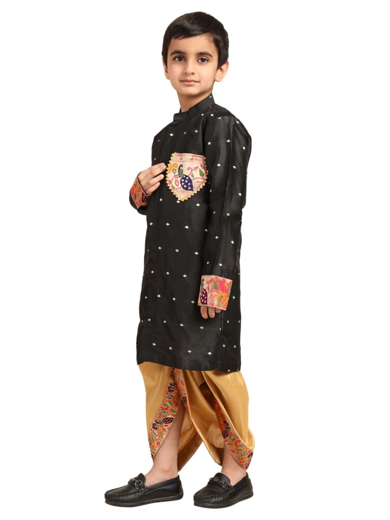 Kanira Jr Paithani dhoti kurta black butti for boys Golu pattern