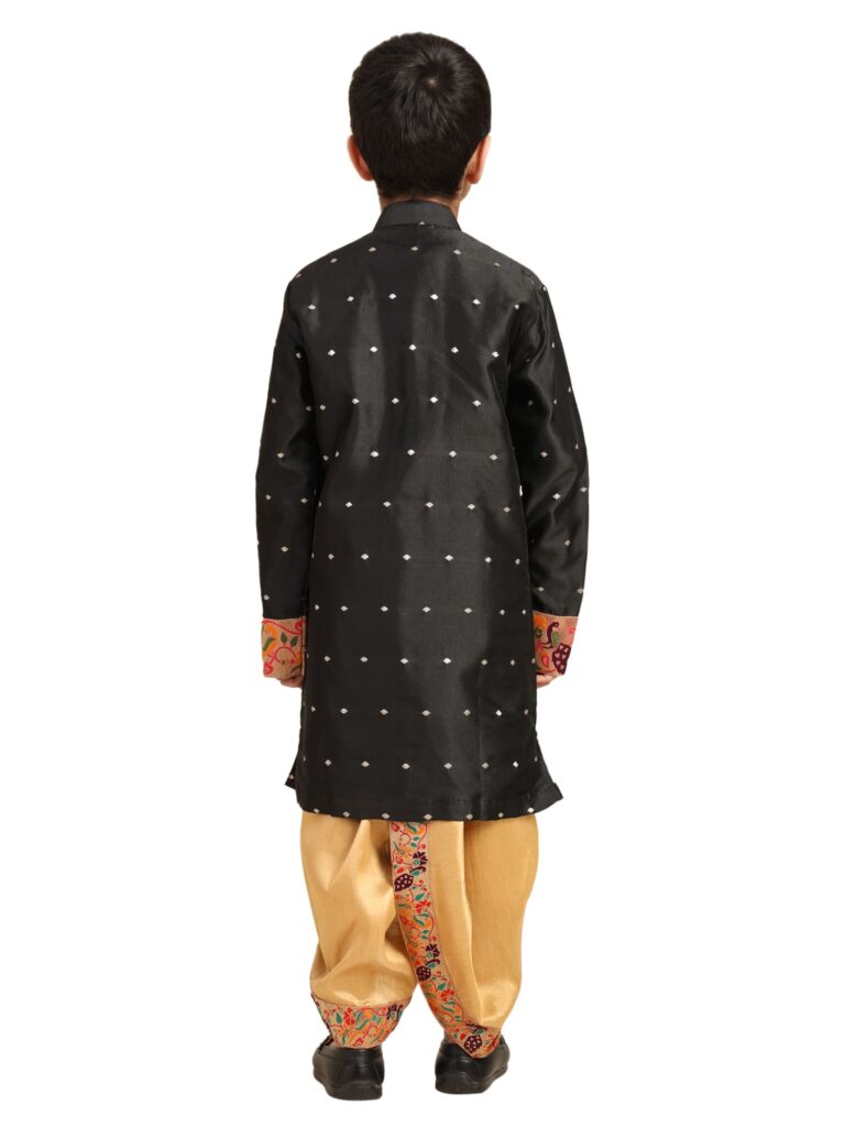 Kanira Jr Paithani dhoti kurta black butti for boys Golu pattern