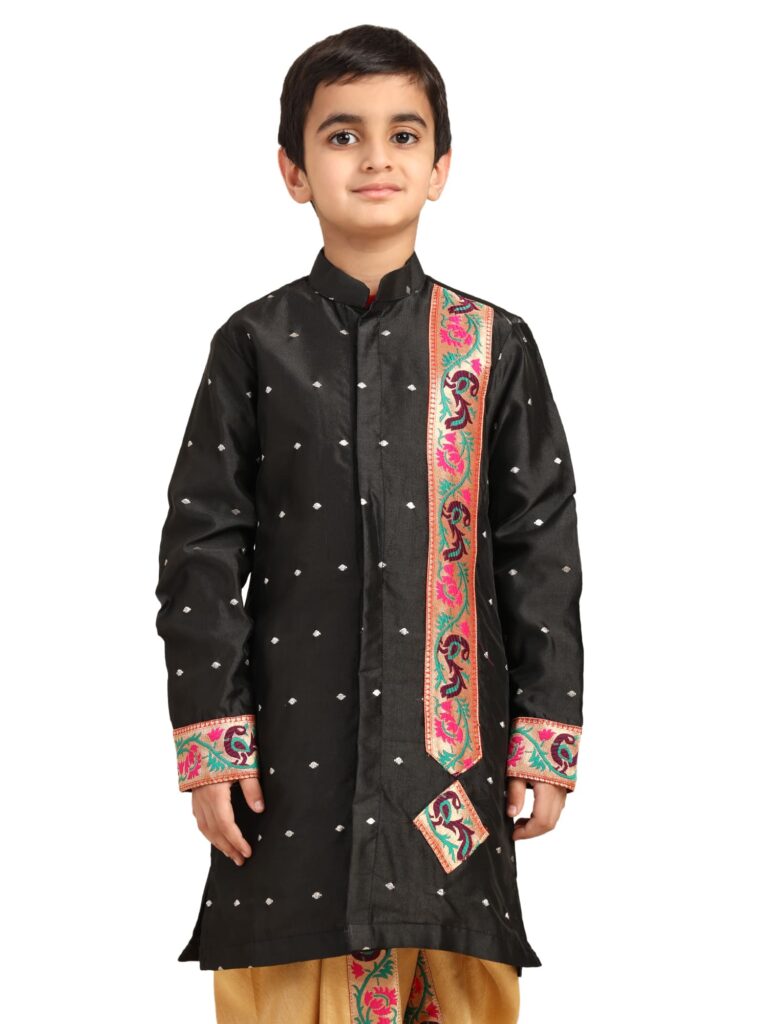 Kanira Jr Paithani dhoti kurta black butti for boys adi pattern