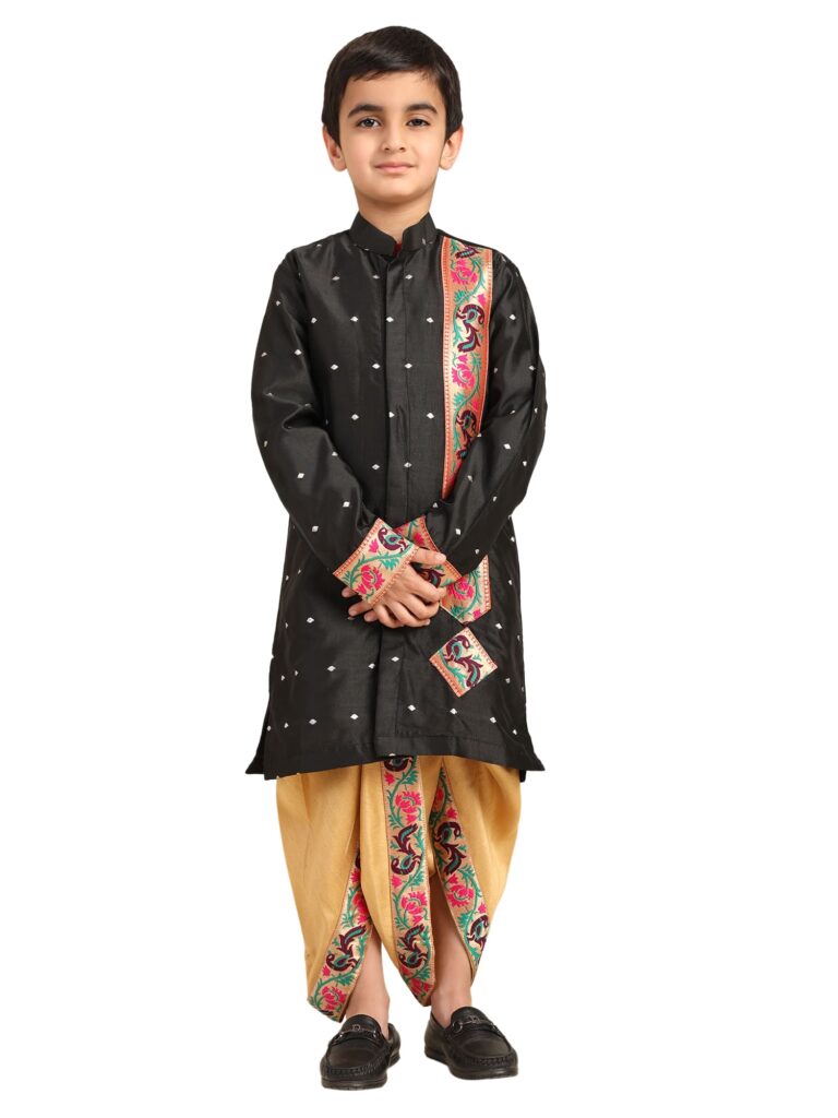 Kanira Jr Paithani dhoti kurta black butti for boys adi pattern