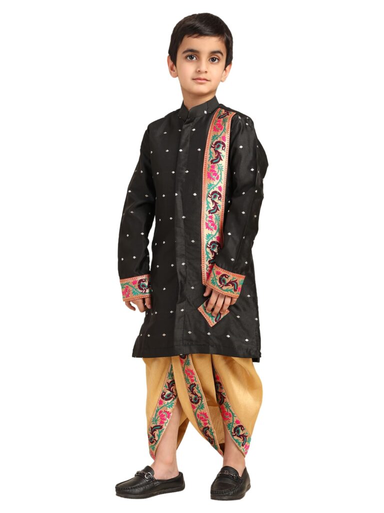 Kanira Jr Paithani dhoti kurta black butti for boys adi pattern