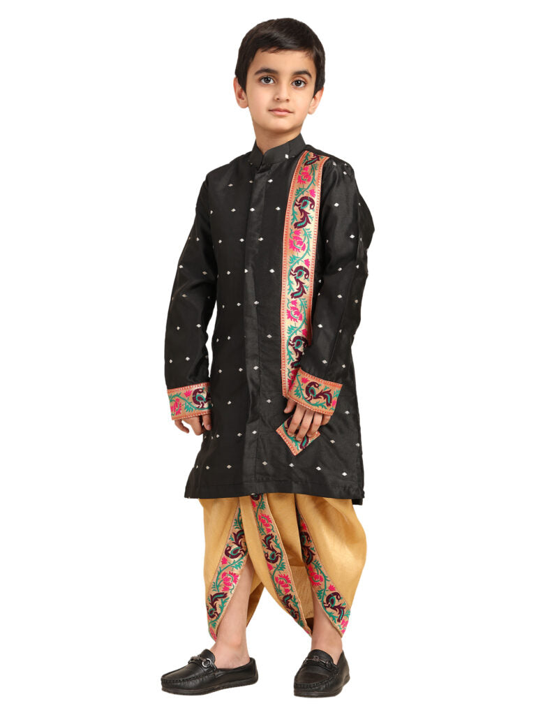 Kanira Jr Paithani dhoti kurta black butti for boys Evan-Motif pattern