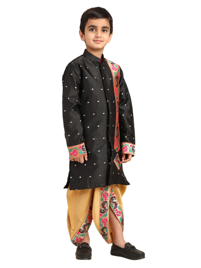 Kanira Jr Paithani dhoti kurta black butti for boys Evan-Motif pattern