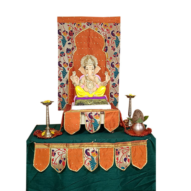 Ganesh Chaturthi Paithani Ganpati Decoration Combo Set – Orange Theme (7 Items + Free Samai Asan)