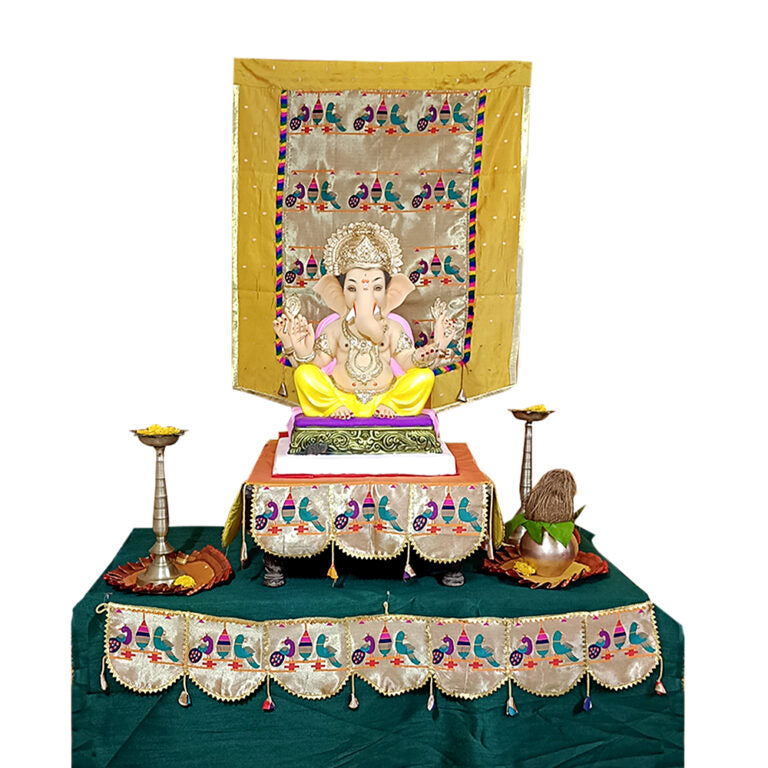Paithani Parrot-Peacock Ganpati Decoration Combo Set for Ganesh Chaturthi (Mango Theme – 7 Items + Free Samai Asan)