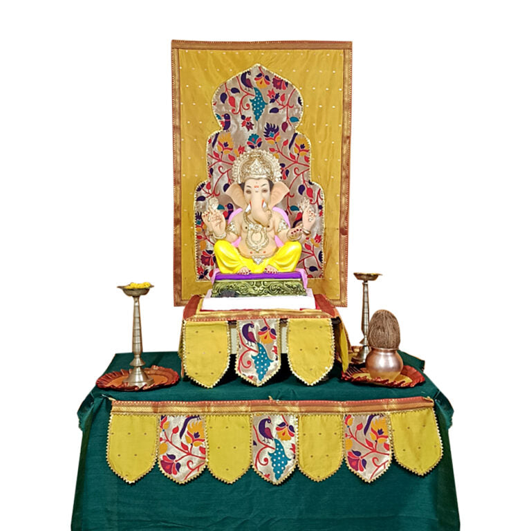 Paithani Temple Decoration Combo Set for Ganesh Chaturthi (Mango Theme – 7 Items + Free Samai Asan)