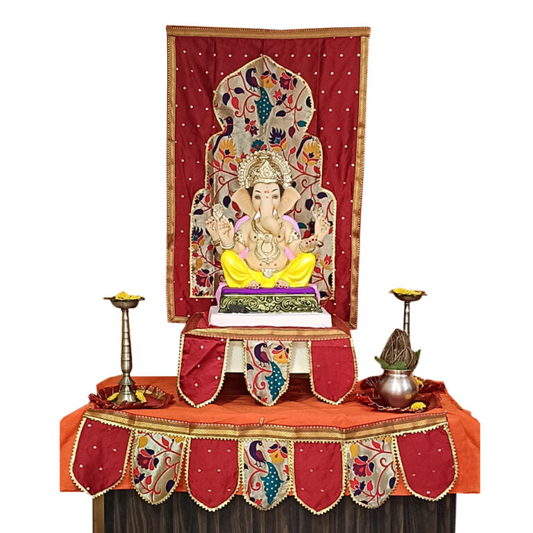 Paithani Temple Decoration Combo Set for Ganesh Chaturthi (Maroon Theme – 7 Items + Free Samai Asan)