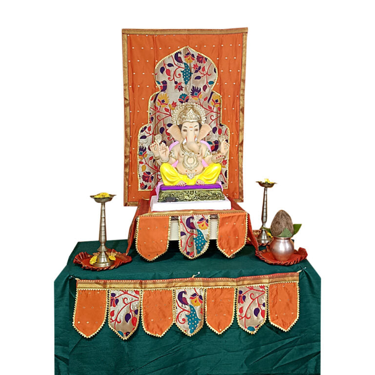 Paithani Temple Decoration Combo Set for Ganesh Chaturthi (Orange Theme – 7 Items + Free Samai Asan)